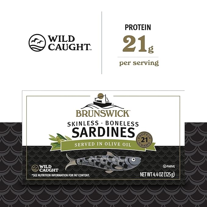Brunswick Wild Caught Skinless and Boneless Sardines, Served in Olive Oil, 4.4 Ounce (Pack of 6)