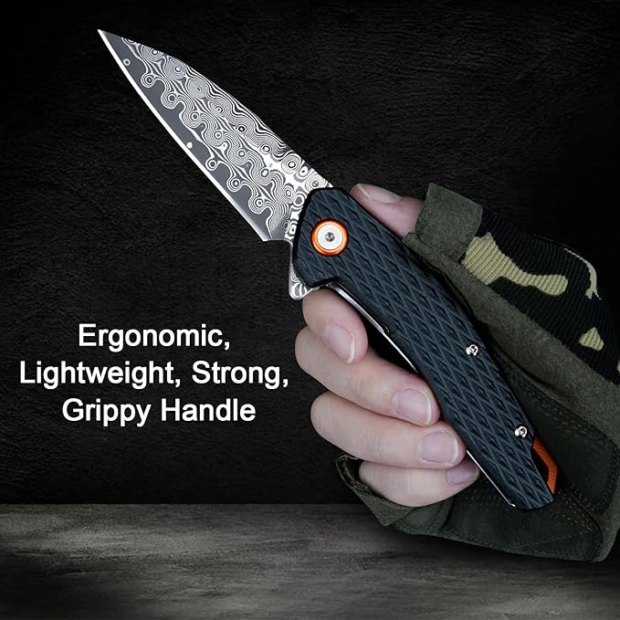 Damascus Folding Knife, 3.03" Damascus Steel Blade Pocket Knives with Clip, Black Aluminum Handles, Camping Folding Knife for Hunting Fishing Hiking Outdoor