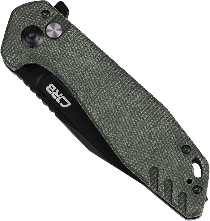 CJRB CUTLERY Folding Knife Riff (J1928) Button Lock Pocket Knife for Men Black PVD AR-RPM9 Steel Blade and Green Micarta Handle for Work Outdoor Hinking Camping