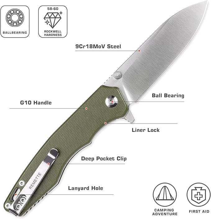 Folding Pocket Knife Handfeel, 9Cr18MoV Blade with G10 Durable Handle, Everyday Carry EDC Knife with Pocket Clip, Sharp Camping Practical knives