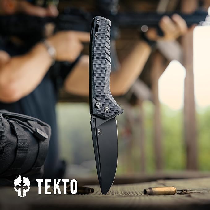 F3 Charlie Button Lock Folding Knife, Oversized Fine Edge Blade, Tactical Black G10 Handle - Easy Open Pocket Knife with Titanium Coated D2 Steel & Black Titanium Barrel Spacers