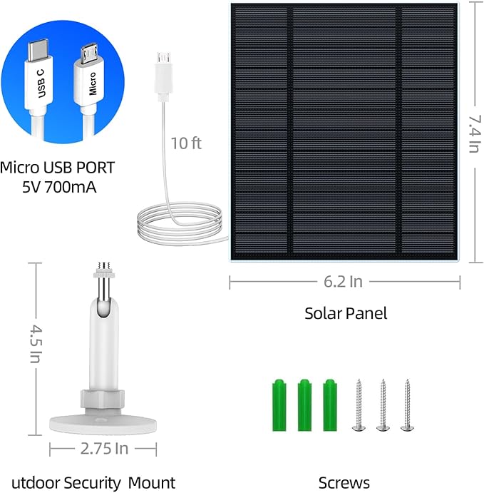 3PC 5W Solar Panel for Security Camera, Solar Panel with Micro USB & USB-C Port for DC 5V Outdoor Rechargeable Battery Camera, IP65 Waterproof, 360° Adjustable Security Mount, 9.8ft Cable