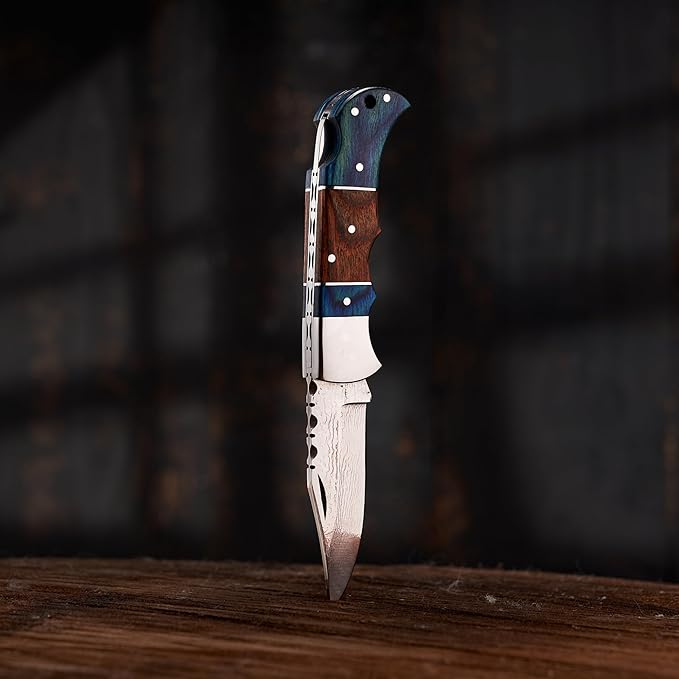 Personalized Folding Knife - Damascus Olive-Brown Pocket Knife, Custom Gift for Husband, Boyfriend, Dad, Son, Groomsmen, Perfect for Birthday, Anniversary, Father’s Day, Christmas Gift