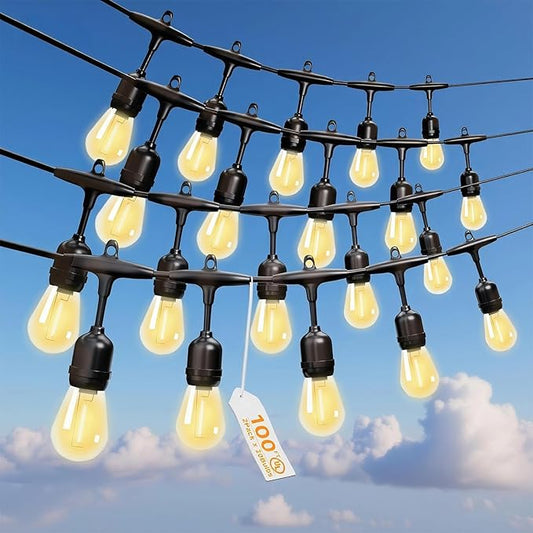 Outdoor Safety String Lights 100FT - Commercial Grade Low Voltage Strand with 40 S14 Shatterproof Bulbs for Tree Garden Yard bistro Cafe | Warm Yellow 3500K Party Lights | IP65 Waterproof | UL Listed