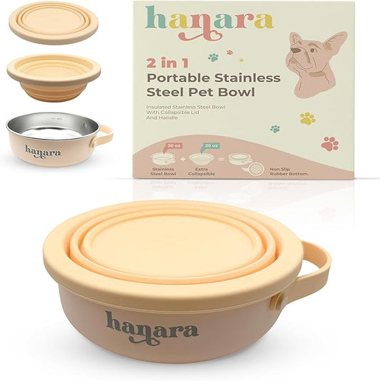 HANARA 2-in-1 Insulated Dog Bowl with Collapsible Lid & Handle – Stainless Steel, Non-Slip Rubber Base – Portable Pet Water & Food Bowl for Dogs & Cats – 30 OZ + 20 OZ – Indoor & Outdoor (Beige)