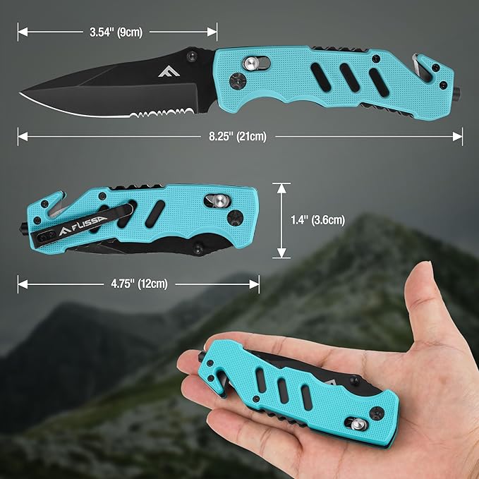 FLISSA Folding Pocket Knife with Clip, Glass Breaker and Seatbelt Cutter, Survival Knife for Emergency Rescue Situations, EDC Knife for Tactical, Hunting, Camping, Outdoor, Unique Gifts for Dad, Father-Blue