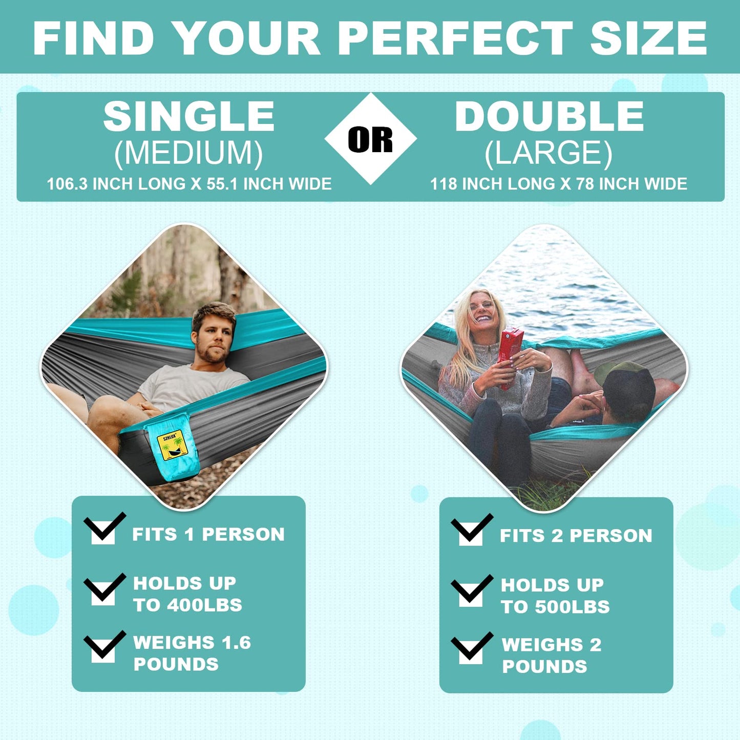 SZHLUX Camping Hammock Double & Single Portable Hammocks with 2 Tree Straps and Attached Carry