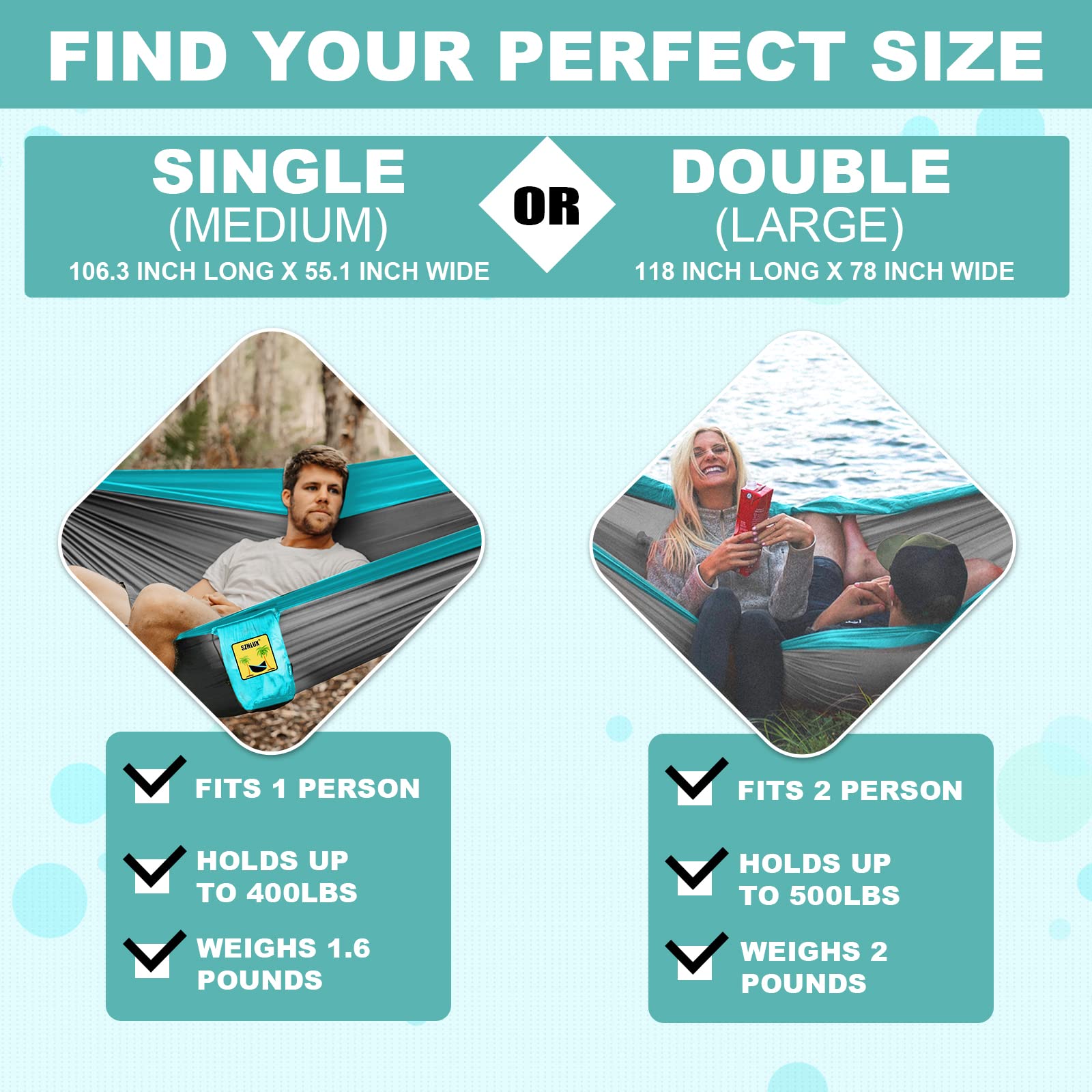 SZHLUX Camping Hammock Double & Single Portable Hammocks with 2 Tree Straps and Attached Carry