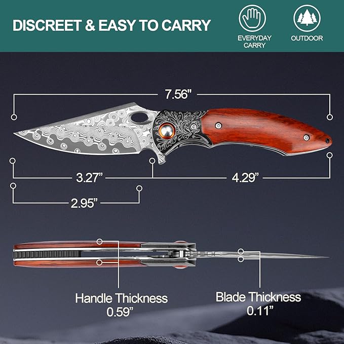 Damascus Pocket Knife, 3.27??Damascus Blade EDC Folding Knives with Guibourtia Wooden Handle, Christmas Ideal for Utility Gift