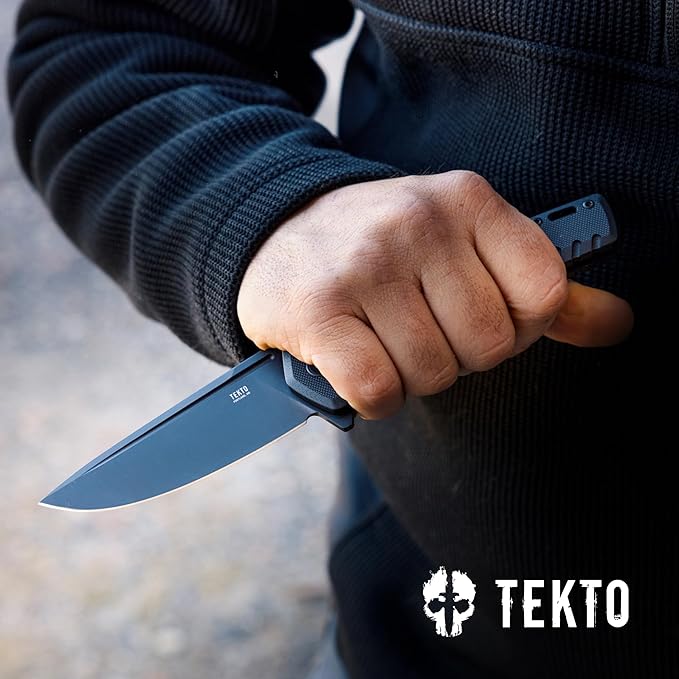 F3 Charlie Button Lock Folding Knife, Oversized Fine Edge Blade, Tactical Black G10 Handle - Easy Open Pocket Knife with Titanium Coated D2 Steel & Black Titanium Barrel Spacers