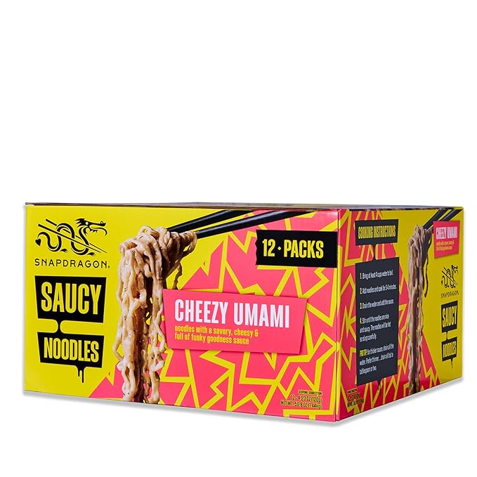 Snapdragon Saucy Instant Noodles with Cheezy Umami, Savory Slurpable Sauce - Quick Meal, Snack, and Lunch. 12-Pack Microwave Noodles for Cup, Bowl, Cheddar Cheese Ramen or Asian Stir Fry