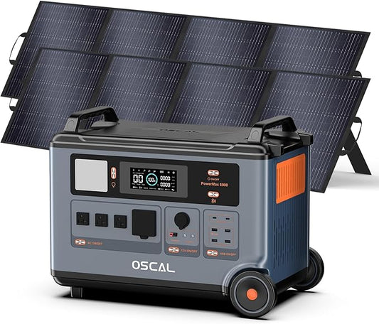 OSCAL PowerMax 6000 Solar Generator with 2x200W Solar Panel, 120V/240V 3600Wh Power Station 6000W AC Outlets (7200W Peak), 2200W AC Charging/2400W Solar Charging, Emergency for Home, Battery Backup