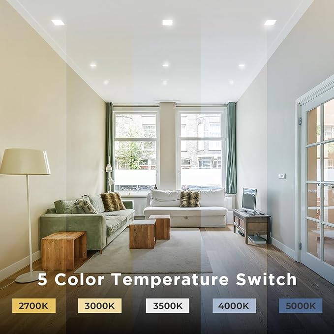 2-Inch LED Square Downlight Luminaire. Recessed Ceiling Light Fixture, 15-Watt, CCT 5 Color Changing (2700K/3000K/3500K/4000K/ 5000K), 1055 Lumens, White, Dimmable