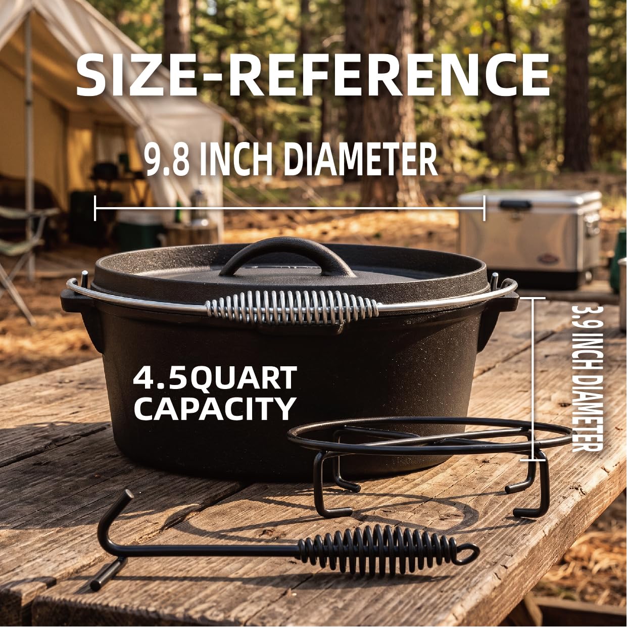 4.5Qt camping dutch oven with lid，cast iron dutch oven，Lifter Handle，Camping Tripod，Cast Iron
