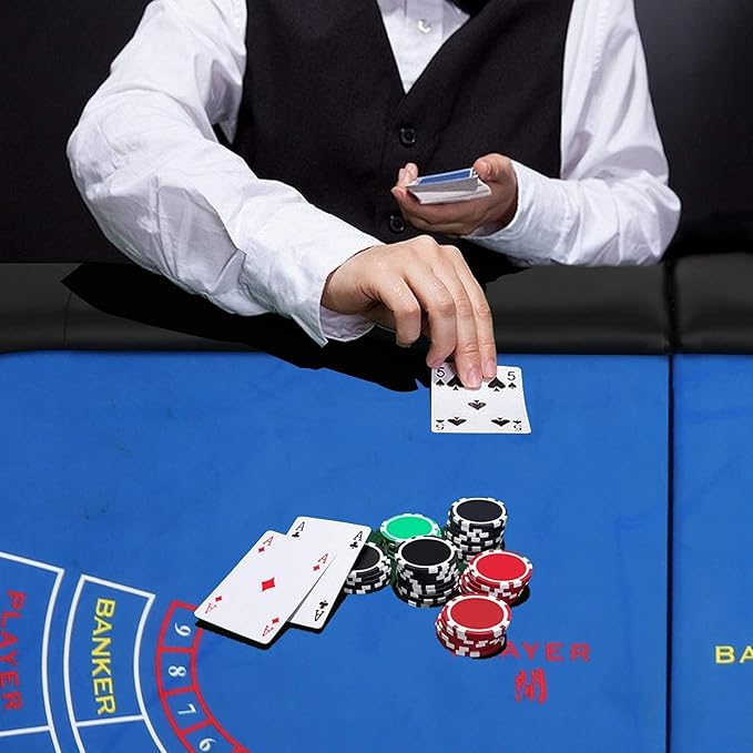 Upgrade 8 Player Poker Table for Blackjack Card Game, Foldable Texas Hold'em Table, Portable Casino Table for Game Room with Plastic Cup Holder, Padded Rails, Blue Felt Surface
