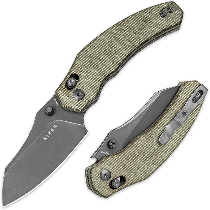 Kizer Bulldog Pocket Knife, 3 In Nitro V Blade Folding Knife Micarta Handle Camping Hunting Knife with Reversible Clip, Clutch Lock Small EDC Knives for Men Women V3672A3