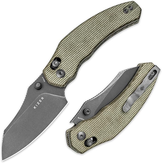 Kizer Bulldog Pocket Knife, 3 In Nitro V Blade Folding Knife Micarta Handle Camping Hunting Knife with Reversible Clip, Clutch Lock Small EDC Knives for Men Women V3672A3