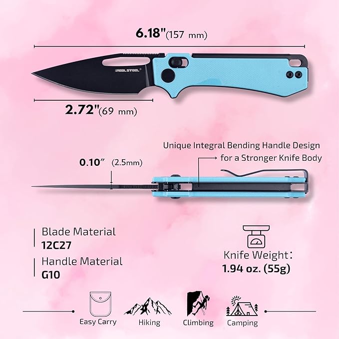 REALSTEEL VIS Pocket Knife, Folding Knife, Crossbar Lock, 2.72" Small 12C27 Steel PVD Black Blade, Thumb Hole, G10 Handle, 1.94oz, Pocket Clip, Versatile Outdoor Indoor EDC Knife, Gifts for Men Women Camping Hiking Fishing Climbing (Blue G10/Black)