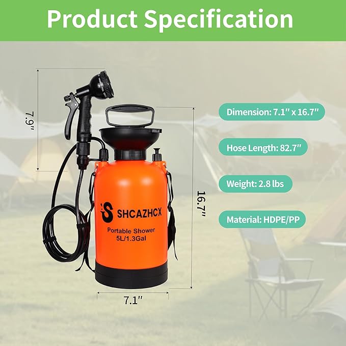 1.3 Gallon/5L Portable Shower with 10 Spray Modes, No Power Needed, Multi-use Sprayer for Camping & Beach Shower, Hiking, Pet Bath, Car Washing, Plant Spraying, Orange