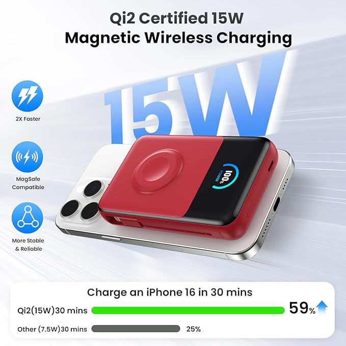 Magnetic Portable Charger 10800mAh with Built-in Cables,5-in-1 Qi2 Certified 15W Wireless Power Bank with iWatch Charger,30W PD Fast Charging USB-C Battery Pack for iPhone 17/16/15/14/13/12 Series-Red