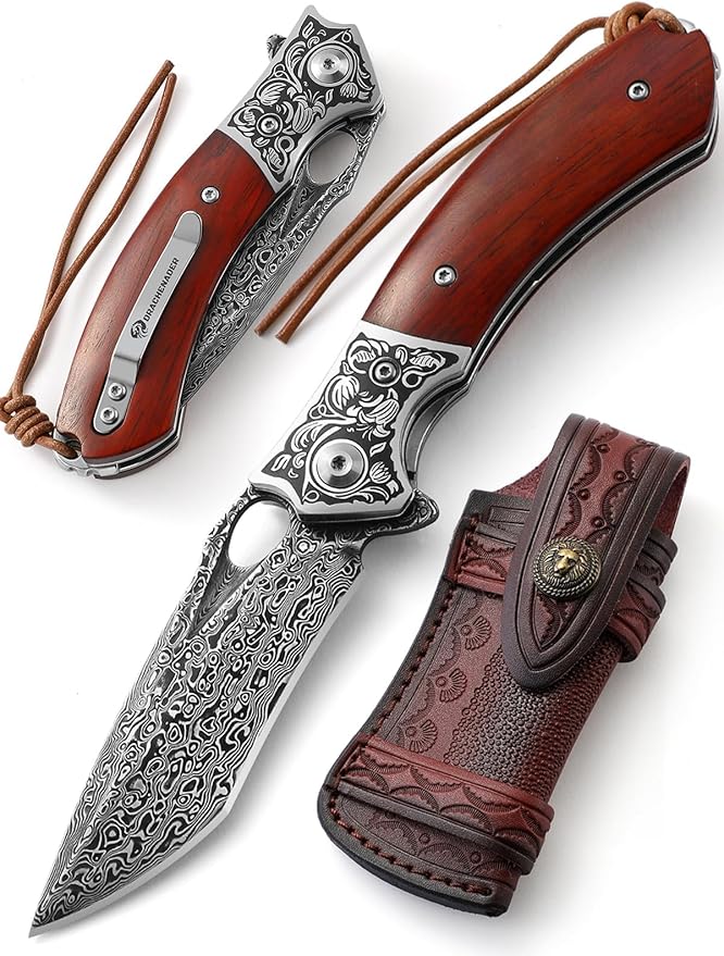 Damascus Steel Folding Pocket Knife with VG10 Core, Wooden Handle & Leather Sheath, Outdoor Knife and Gift for Collectors, Knife Lovers, and Enthusiasts