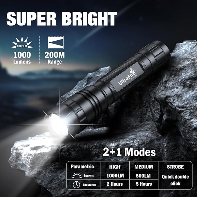 ULTRAFIRE Tactical Flashlight with Holster for Duty Belt, 1000 High Lumen Police Flashlight with Belt Holster, Rechargeable Law Enforcement Flashlight, 3 Modes Security Flashlights WF-501BX