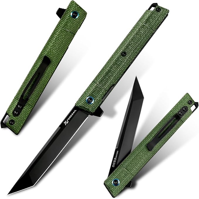 Flipper Pocket Folding Knife,DC53 Steel Blade and G10 Handle. With pocket clip and glass breaker,men's pocket knife hiking trip EDC tool Knife (Green Micarta Handle)