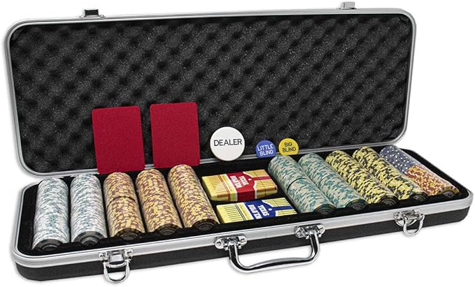 DA VINCI Monte Carlo Poker Club Set of 500 14 Gram 3 Tone Chips with Upgrade Ding Proof Black ABS Case, 2 Decks Plastic Playing Cards, 2 Cut Cards, Dealer and Blind Buttons