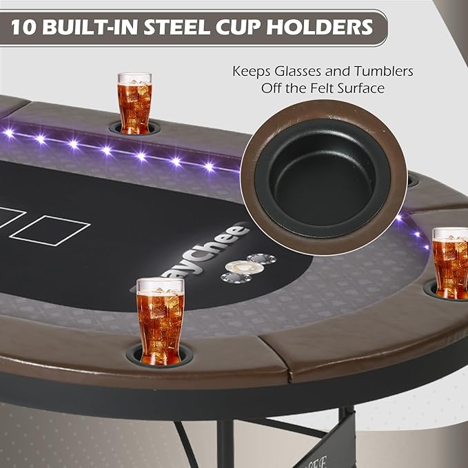 LED Poker Table, 84" 10 Player Foldable Texas Holdem Table w/Inlaid LED Light, 2 USB & 2 Type-c Ports, Portable Blackjac for Texas Card Game w/Cup Holders and Padded Rails (Brown)