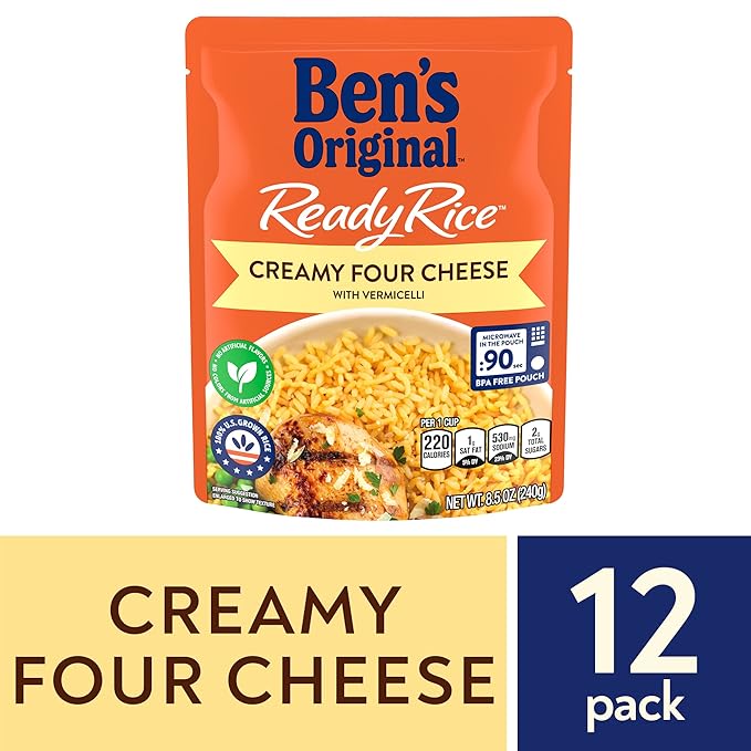BEN'S ORIGINAL Ready Rice Creamy Four Cheese Flavored Rice, Easy Dinner Side, 8.5 oz Pouch (Pack of 12)