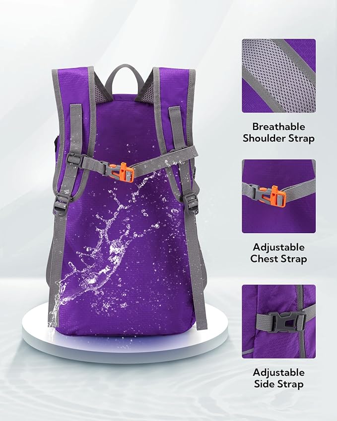 WATERFLY Hiking Foldable Daypack Backpack: 25L Ultra Lightweight Waterproof Day Pack for Woman Man - Small Compact Packable Folding Back Pack for Outdoor Sport Cycling Biking Travel Trip - Purple