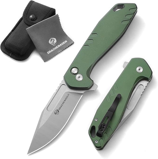 B-FENG 8.22" Button Lock Pocket Knife for Men, 3.42" D2 Blade Folding Knife with Clip and Sheath, EDC Tactical Knife, Gift for Men, Green