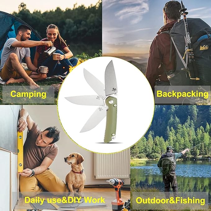 Sitivien ST128 Folding Knife,D2 Blade G10 Handle Safety Liner Lock EDC Tool Knife for Outdoor Hiking Camping-Army Green