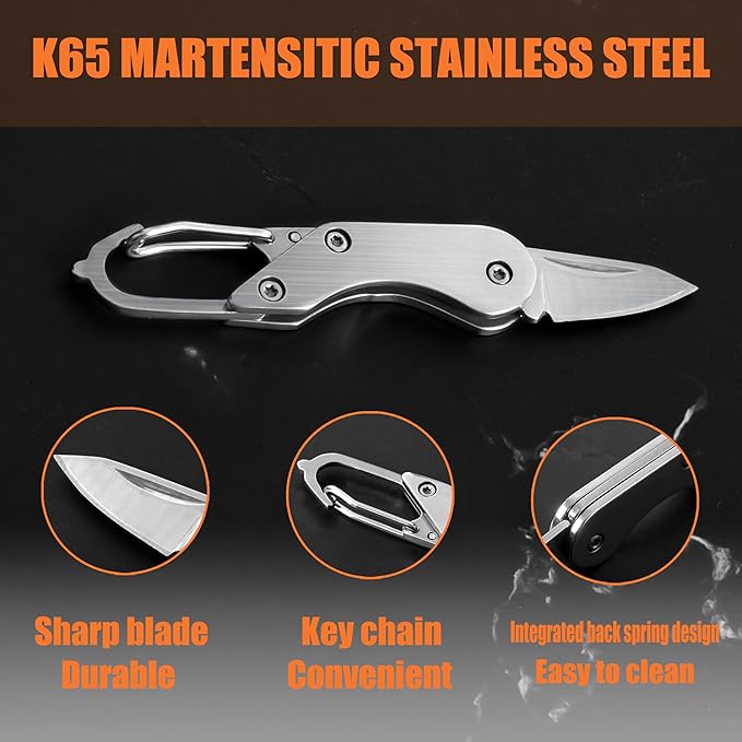 Stainless steel mini folding knife, portable key chain knife and small portable grindstone and outdoor fishing hook grinding tool, suitable for camping, hiking and outdoor.