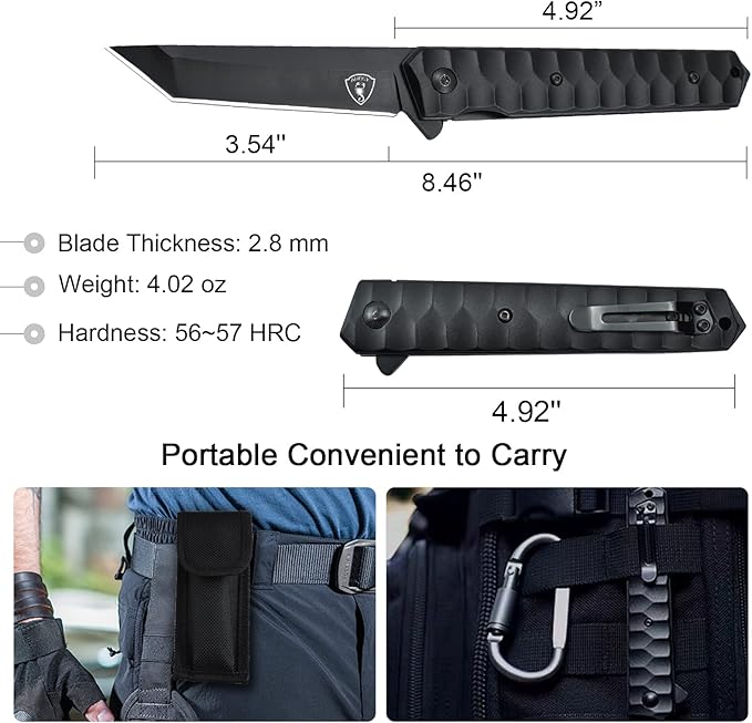 AUBEY Tanto Blade EDC Knife, 440 Steel Pocket Folding Knife with Liner Lock, Clip, Aluminum Handle and Glass Breaker, Nice Gift for Men Women (Black)
