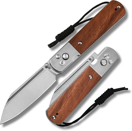 ARTISANCUTLERY Holm Pocket Knife with 3.10'' AR-RPM9 Steel, Handle with Stone Washed Steel and Wood Inlay, Button Lock with Safety Switch Folding Knife for Men, Sharp Camping Survival 1875P Rose Wood