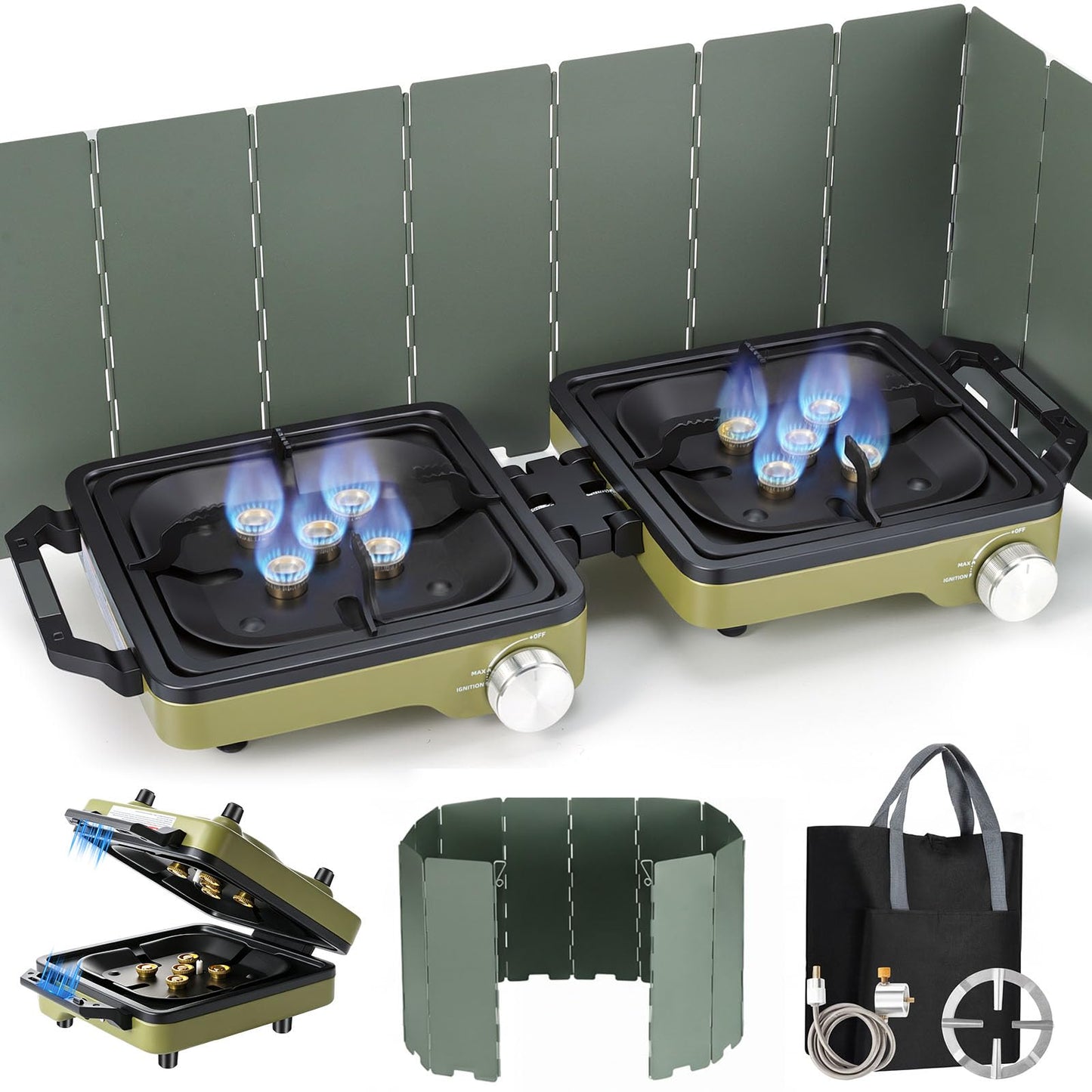 2-Burner Portable Propane Camping Stove with Windshield, 30000 BTU Foldable Gas Stove with
