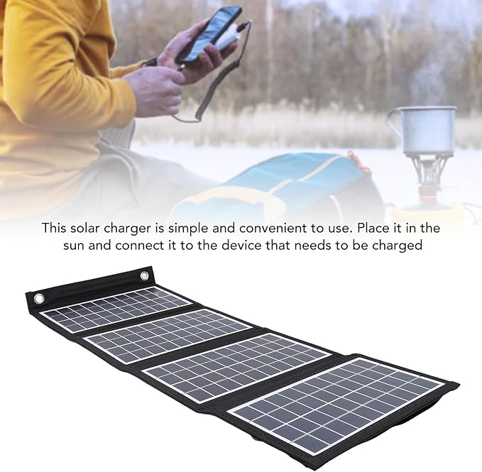 Portable Solar Panel, 30W 5V Foldable Solar Panel Charger with Dual USB Outputs, 4 Fold Water Proof Solar Panel with 2 Hooks, for Outdoor Camping Trip