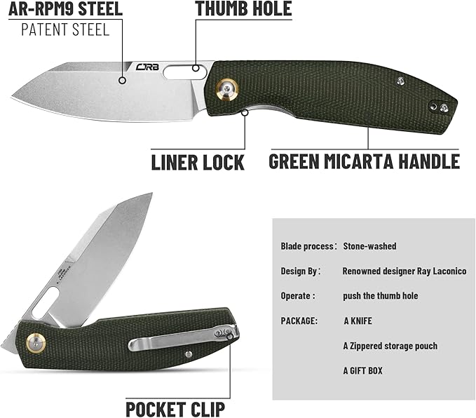 CJRB Pocket EDC Knife Ekko(J1929) Small Folding Knife AR-RPM9 Steel Blade and Green Micarta Handle Outdoor for Men Women for Gifts