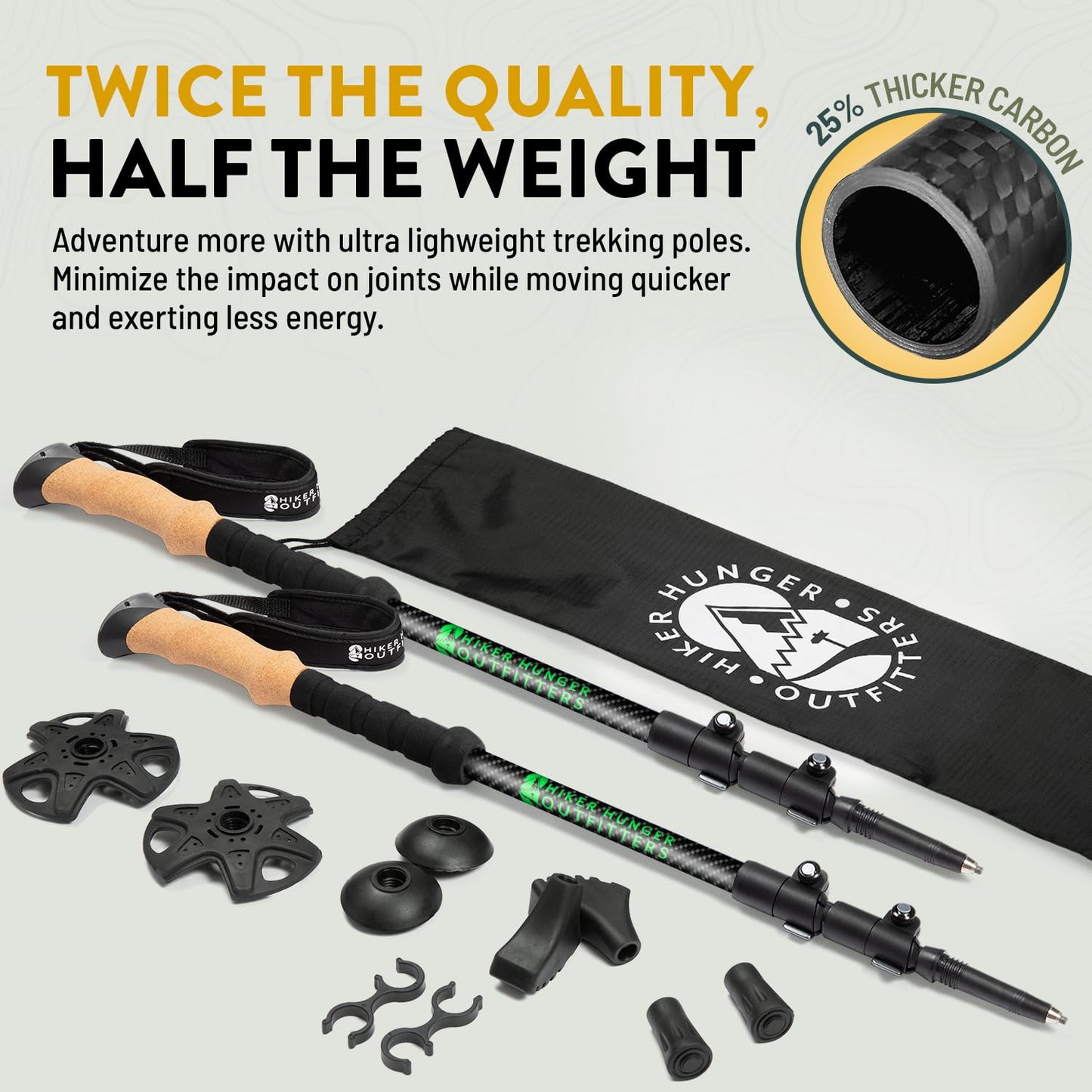 100% Carbon Fiber Trekking Poles by USA Brand - Ultra Strong Lightweight Collapsible Hiking Poles