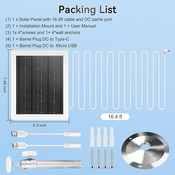 Ring Solar Panel Charger 5W Solar Panel for Security Camera Compatible for Ring Camera Waterproof Solar Panel with Type-C, Micro USB and DC Port Cable for Most Cameras