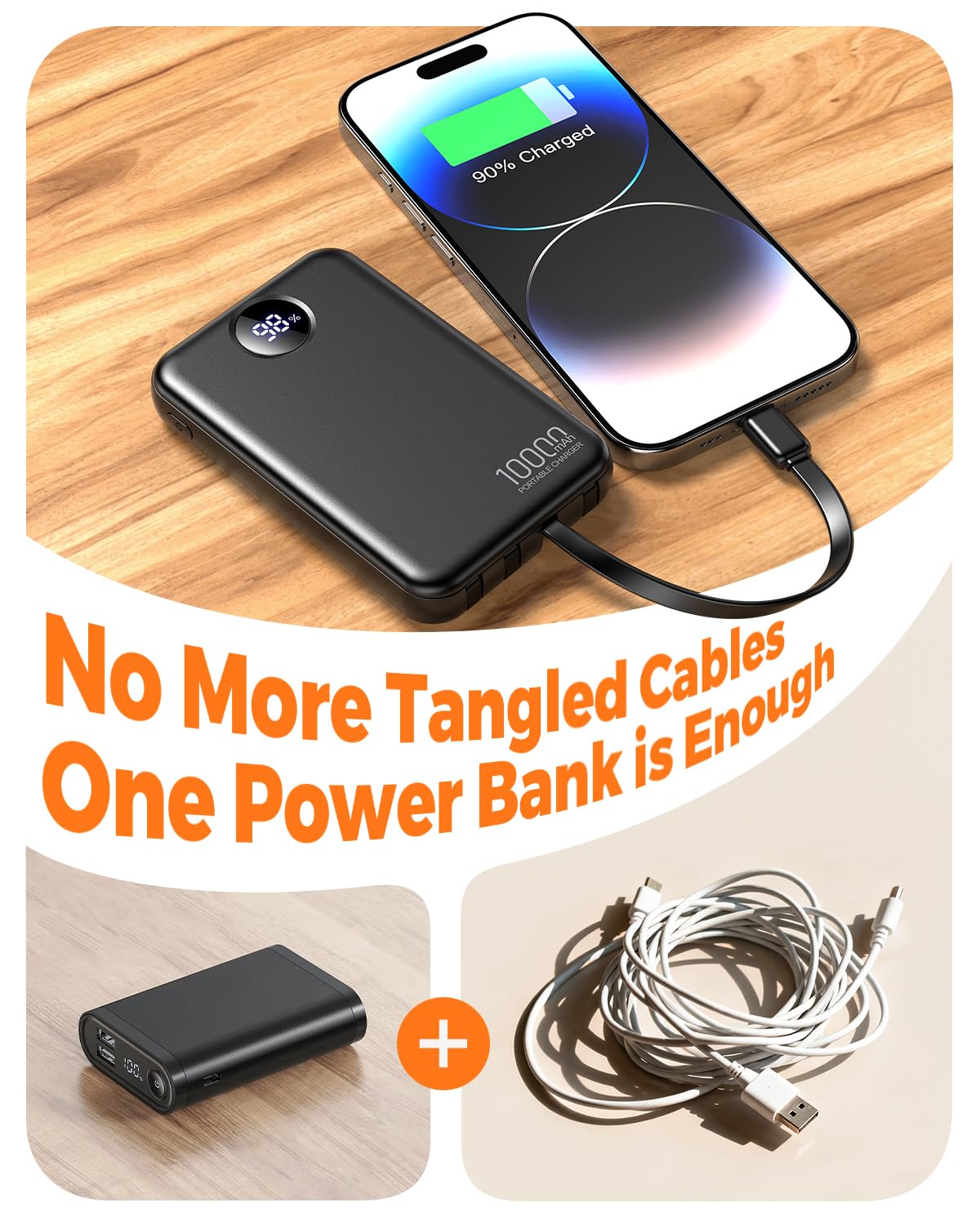 Zmmyuluo Portable Charger 10000mAh with 4 Built-in Cables 40% Smaller