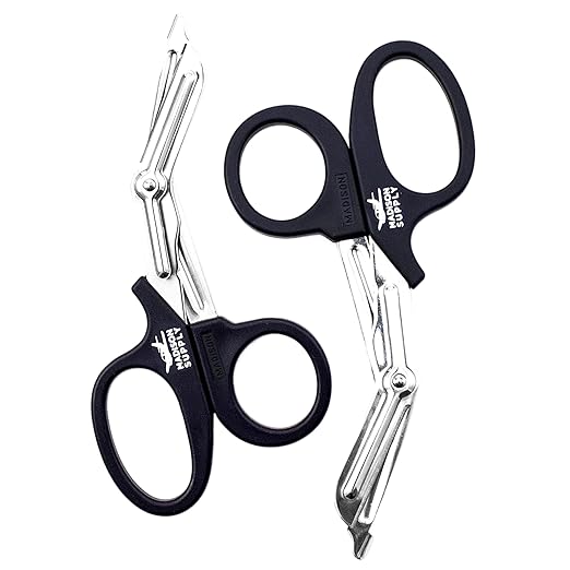 Madison Supply Trauma Shears Metal - 7.5 Inch Big Medical Scissors Stainless Steel with Fluoride Coating, Non-Stick Blades, and High-Impact Handles - 2 Pack Bandage Scissors (Black/Stainless)