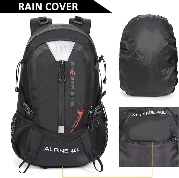 Hiking Backpack Camping 40L Outdoor Daypack Lightweight Travel Backpack with Rain Cover for Women Men (Black)