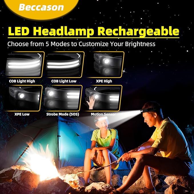 LED Headlamp Rechargeable 2PCS - 230° COB Super Bright Head Lights for Forehead, Hard hat Light for Adults, USB C Headband Flashlight for Work, Hiking, Running, Camping Essentials Gear