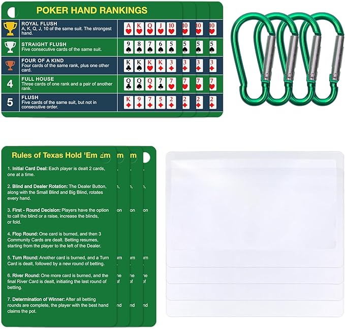 4-Pack (8 Cards) Poker Hand Rankings Cards Set with Magnifier & Clip, Texas Hold'em Cheat Sheet & Rules Guide, Sturdy Poker Accessories for Beginners, Pros, Poker Night