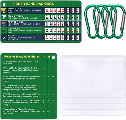 4-Pack (8 Cards) Poker Hand Rankings Cards Set with Magnifier & Clip, Texas Hold'em Cheat Sheet & Rules Guide, Sturdy Poker Accessories for Beginners, Pros, Poker Night