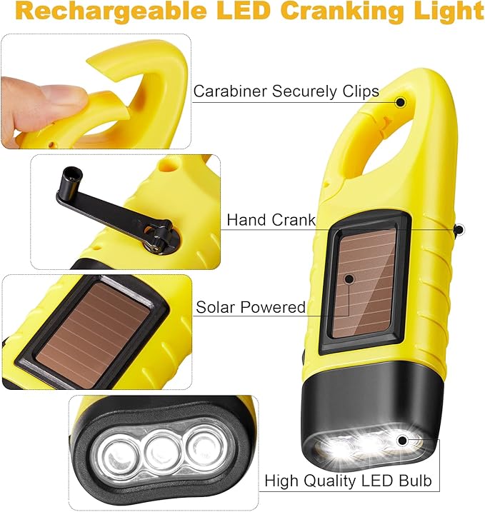 Mudder 4 Pack Hand Crank Solar Powered Flashlight Emergency Rechargeable Led Flashlight Survival Gear Self Powered Charging Torch for Hiking Backpack Camping Safety Emergency Pack(Yellow, Black)