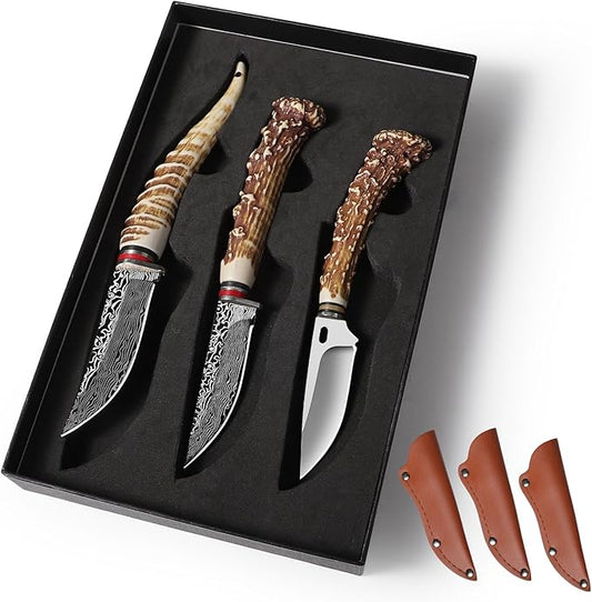 Plys Fixed Blade Knife, Hunting knife set, survival knife, fixed blade knife with sheath, Imitation Antler Handle, self defense weapons, Hand Forged Stainless Steel Camping barbecue Meat knife