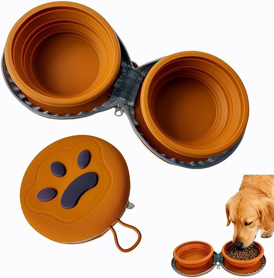 Collapsible Dog Bowls, Portable Dog Bowl, Travel Water Bowl for Dogs Camping Essentials, 2-in-1 Water Food Feeder Double Bowl for Traveling Camping Walking Hiking (Brown)